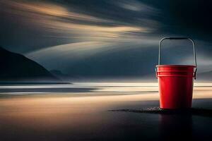 a red bucket sits on the beach with a dark sky. AI-Generated photo