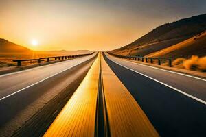a highway with the sun setting behind it. AI-Generated photo