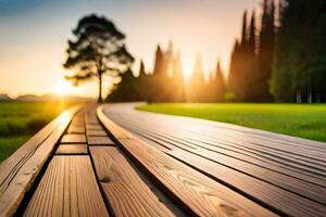 a wooden walkway in the middle of a field. AI-Generated photo