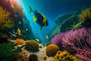 un submarino escena con vistoso coral y pez. generado por ai foto