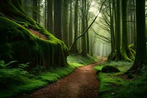 a path through a green forest with mossy trees. AI-Generated photo