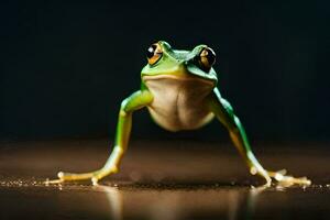 a frog is standing on its hind legs. AI-Generated photo