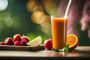 a glass of orange juice with strawberries and raspberries. AI-Generated photo