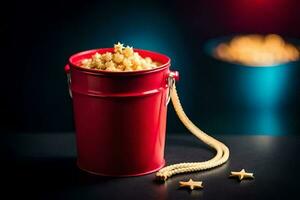 popcorn in a red bucket with stars. AI-Generated photo