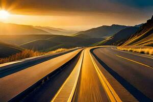 a highway with the sun setting behind it. AI-Generated photo