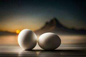 two eggs sit on a table in front of a mountain. AI-Generated photo