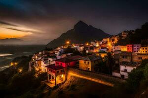 foto fondo de pantalla el cielo, montañas, el ciudad, el aldea, el atardecer, el montañas,. generado por ai