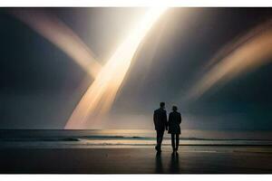 un Pareja en pie en el playa mirando a un cohete. generado por ai foto