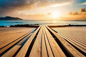 a wooden boardwalk leading to the ocean at sunset. AI-Generated photo