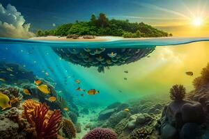 an underwater scene with an island and coral reefs. AI-Generated photo