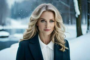 a beautiful blonde woman in a blue suit and white shirt standing in the snow. AI-Generated photo