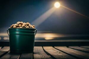 a bucket of nuts on a wooden deck. AI-Generated photo