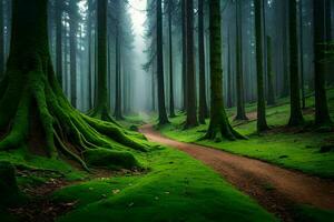 un camino mediante un bosque con arboles y musgo. generado por ai foto