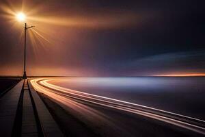 a long exposure photograph of a street light and the ocean. AI-Generated photo