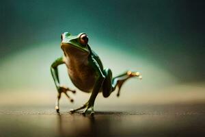 a frog is standing on its hind legs. AI-Generated photo