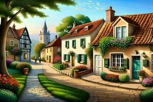 a painting of a small town with houses and flowers. AI-Generated photo