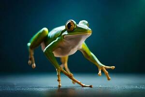 a frog is jumping on a dark background. AI-Generated photo