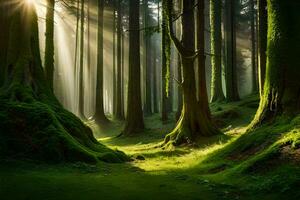 el Dom brilla mediante el arboles en un bosque. generado por ai foto