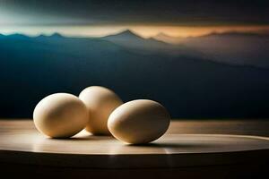 three eggs on a table with mountains in the background. AI-Generated photo
