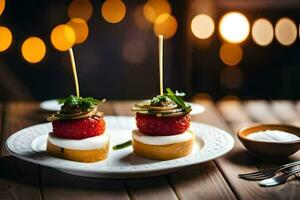 dos pequeño aperitivos en un plato con palillos de dientes generado por ai foto