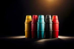 a group of colorful plastic cups on a black background. AI-Generated photo