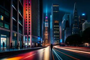 un ciudad calle a noche con luces y tráfico. generado por ai foto