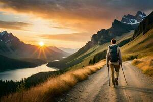 a man with a backpack walking on a road in the mountains. AI-Generated photo