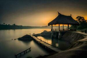 a hut sits on the edge of a lake at sunset. AI-Generated photo