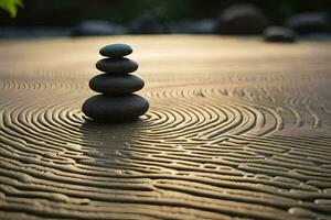 a stack of rocks sitting on the sand. AI-Generated photo