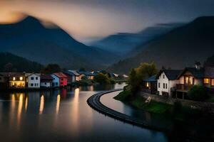 a river runs through a town at dusk. AI-Generated photo