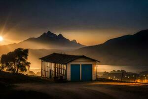 a small blue shed sits in the middle of a field at sunset. AI-Generated photo