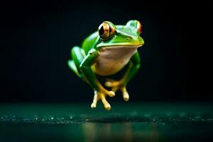 a frog is flying in the air on a dark background. AI-Generated photo