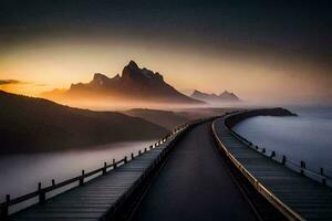 un largo puente con montañas en el antecedentes. generado por ai foto