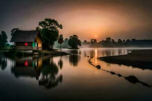 un pequeño casa se sienta en el apuntalar de un lago a amanecer. generado por ai foto