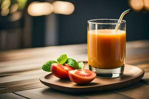 a glass of orange juice with tomatoes and mint leaves. AI-Generated photo