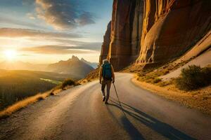 a person walking on a road with the sun setting behind them. AI-Generated photo