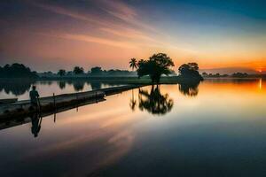 a man stands on a dock at sunset. AI-Generated photo