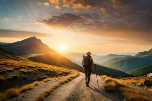 un hombre camina en un la carretera en el montañas. generado por ai foto