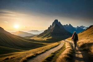 a man walking on a path in the mountains. AI-Generated photo