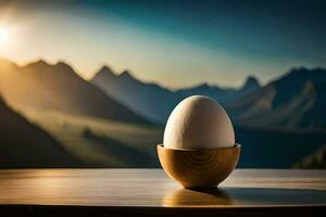 an egg in a wooden bowl on a table with mountains in the background. AI-Generated photo