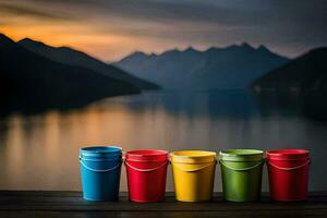 four colorful buckets sitting on a wooden table with mountains in the background. AI-Generated photo