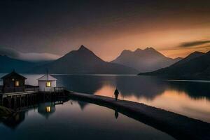 a man stands on a dock looking at a mountain range. AI-Generated photo