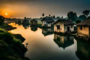 the sun rises over a river and some small houses. AI-Generated photo