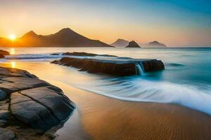 the sun rises over the ocean and mountains in this photo. AI-Generated photo