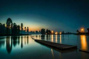 a pier in the middle of a lake at dusk. AI-Generated photo