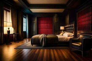 a bedroom with a red curtain and black walls. AI-Generated photo