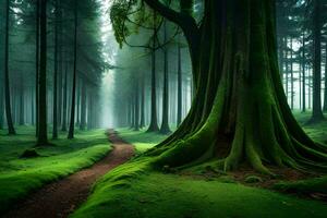 a path through a green forest with trees. AI-Generated photo