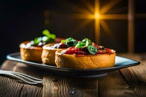 three mini pies on a black plate with fork. AI-Generated photo