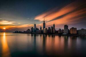 the chicago skyline at sunset. AI-Generated photo