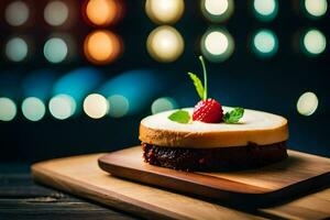 a cheesecake on a wooden board with a raspberry on top. AI-Generated photo